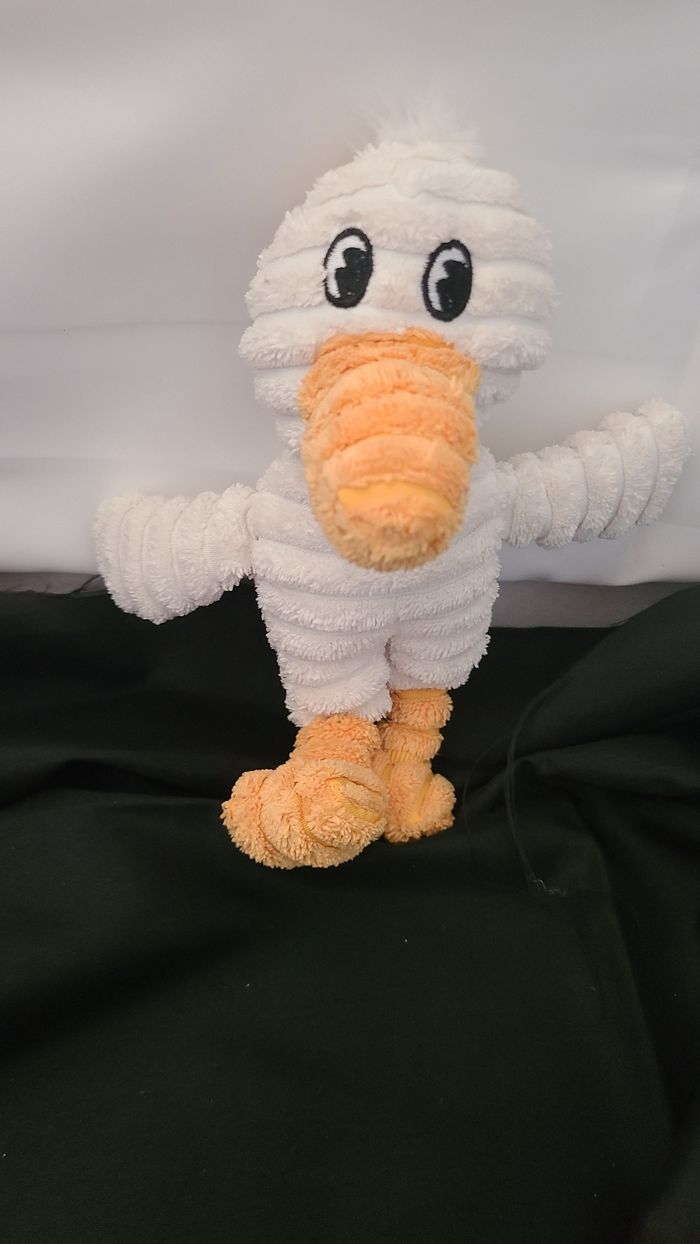 Peluche publicitaire canard LUFTHANSA oiseau côtelé blanc orange compagnie aérienne 20 cm - photo numéro 4
