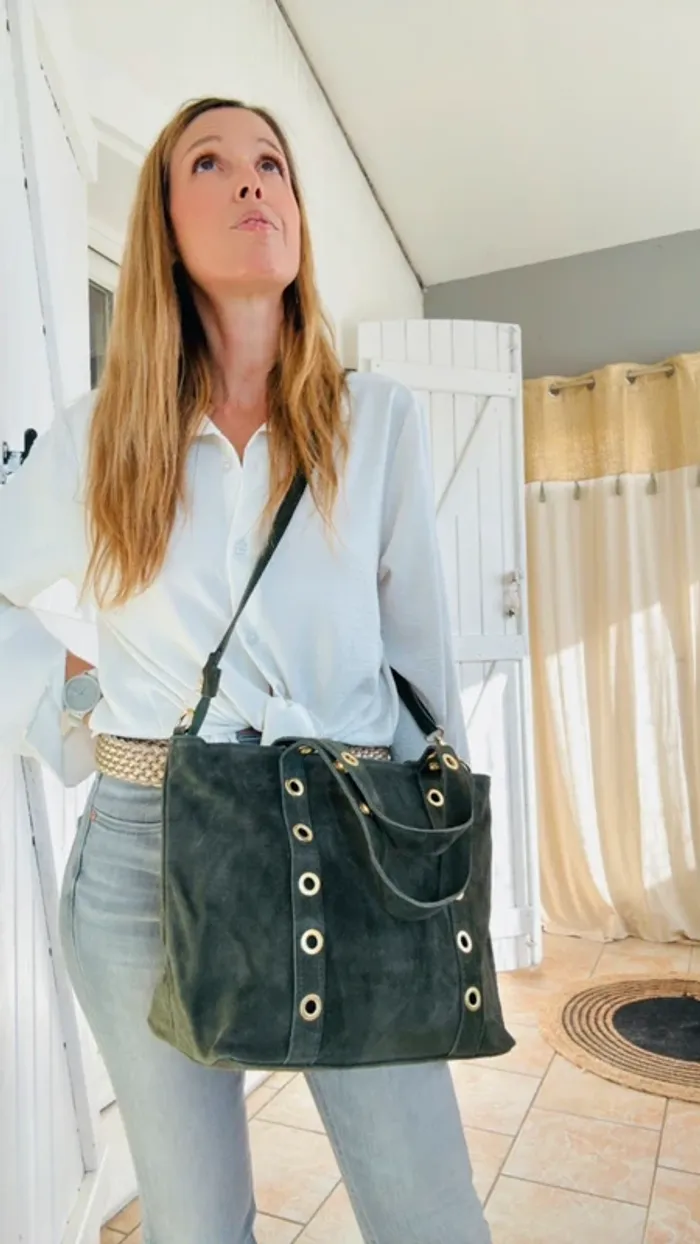 Grand sac cuir daim vert kaki œillets dorés + 1 bandoulière - photo numéro 2