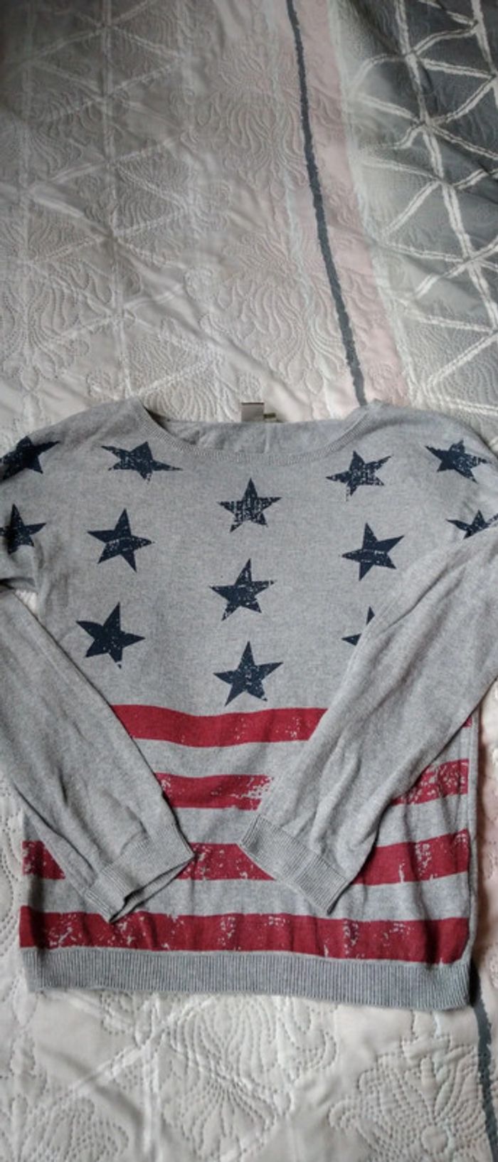 Pull fin motif drapeau américain gris fille 12 ans bilook - photo numéro 5