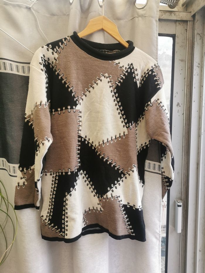 Pull à damiers beige, blanc et noir t 52