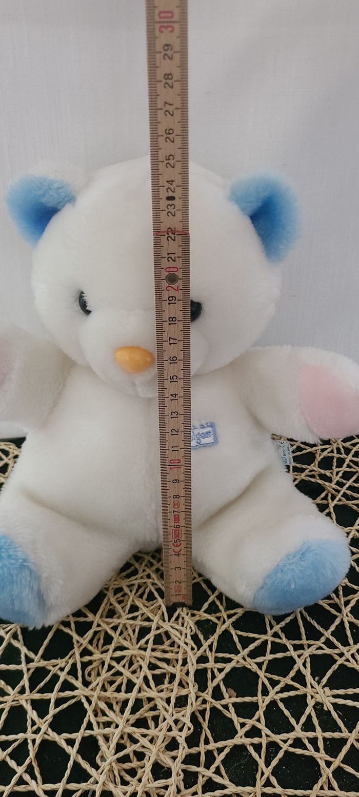 Peluche ours BOULGOM bleu blanc vintage nez rose 30 cm - photo numéro 5