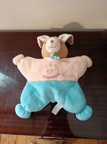 Doudou lapin bleu et beige