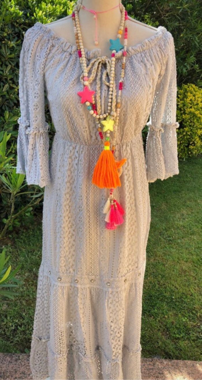 Robe longue dentelle gris bleu