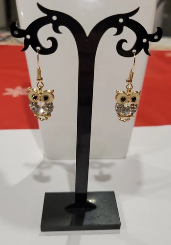 BOUCLES D'OREILLES HIBOU CHOUETTE DORE STRASS ! NEUF !