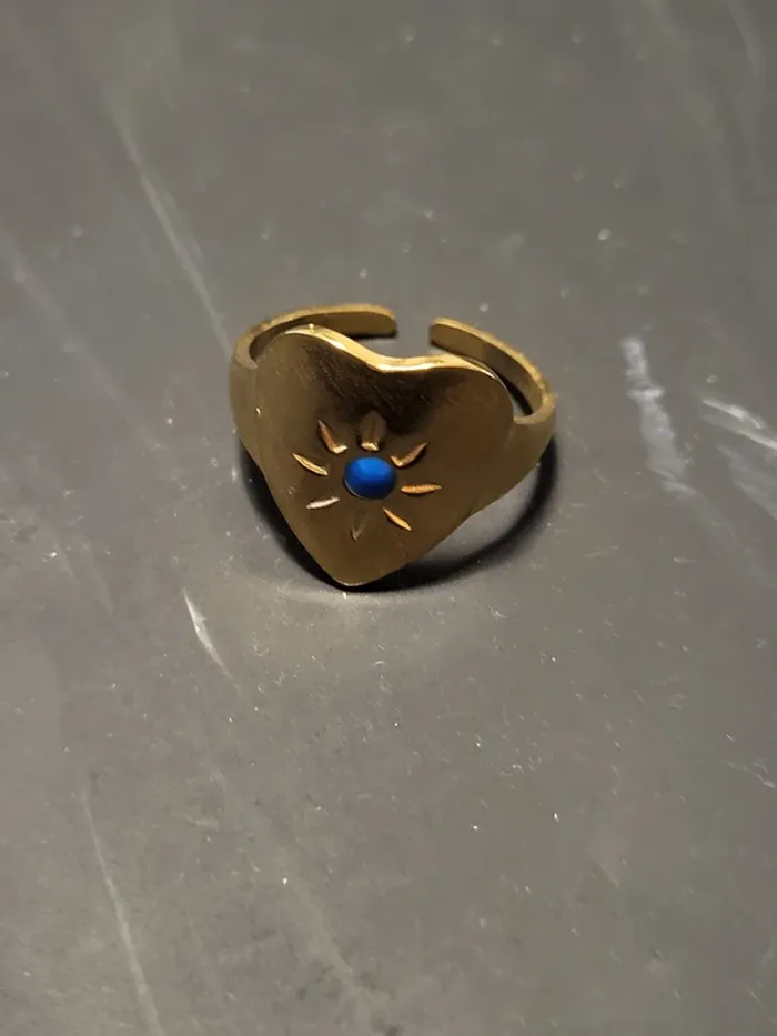 Bague ajustable en acier inoxydable doré avec cœur et soleil bleu