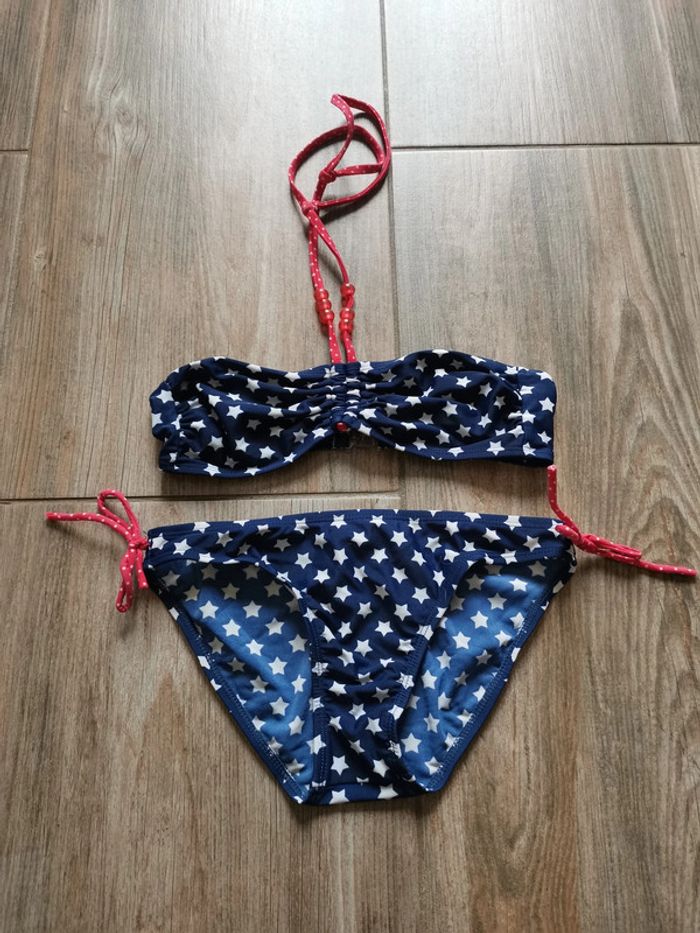 Maillot de bain 2 pièces 14 ans bleu marine avec étoiles blanches et noeuds rose Lagon bleu