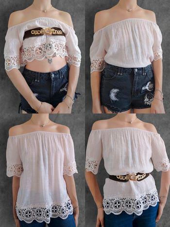 Top épaule dénudé blanc rose pastel dentelle vintage - 36/S à 42/XL