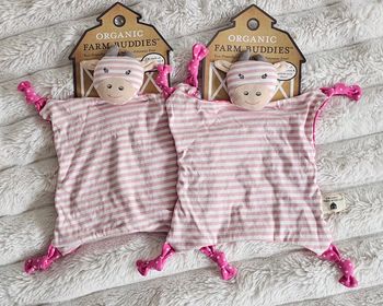 Lot de 2 Doudous Bio Farm Buddies™ – Vachette Rayée Rose (Neufs)