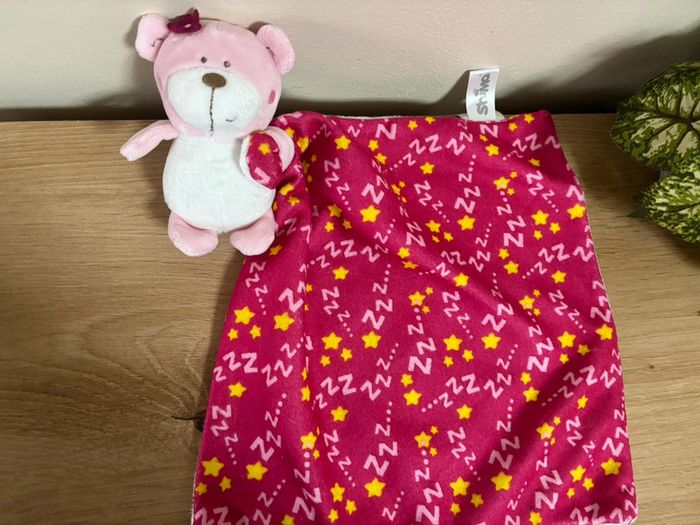 Doudou ours rose blanc mouchoir fuchsia zzzz shima - photo numéro 2