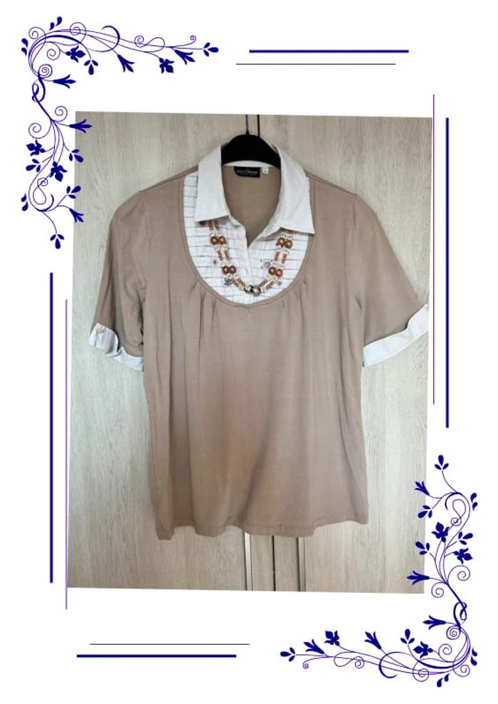 Jolie blouse collier intégré L sixth sense beige blanc