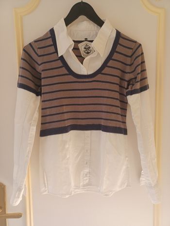 Pull chemise marinière blanche rayé beige et marine 14 ans