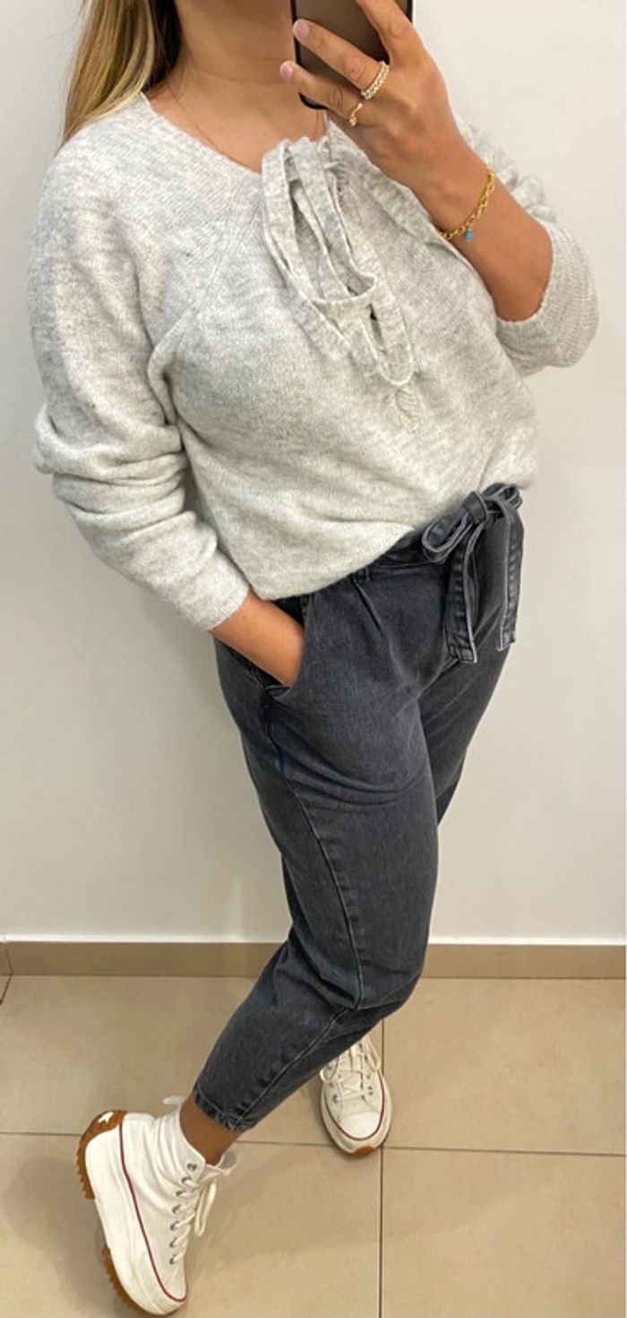 Superbe Pull Gris Col V À Nouer Taille M - photo numéro 7