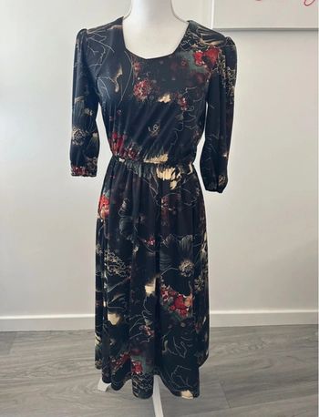 Robe longue à fleurs noire et multicolore Vintage T38 M