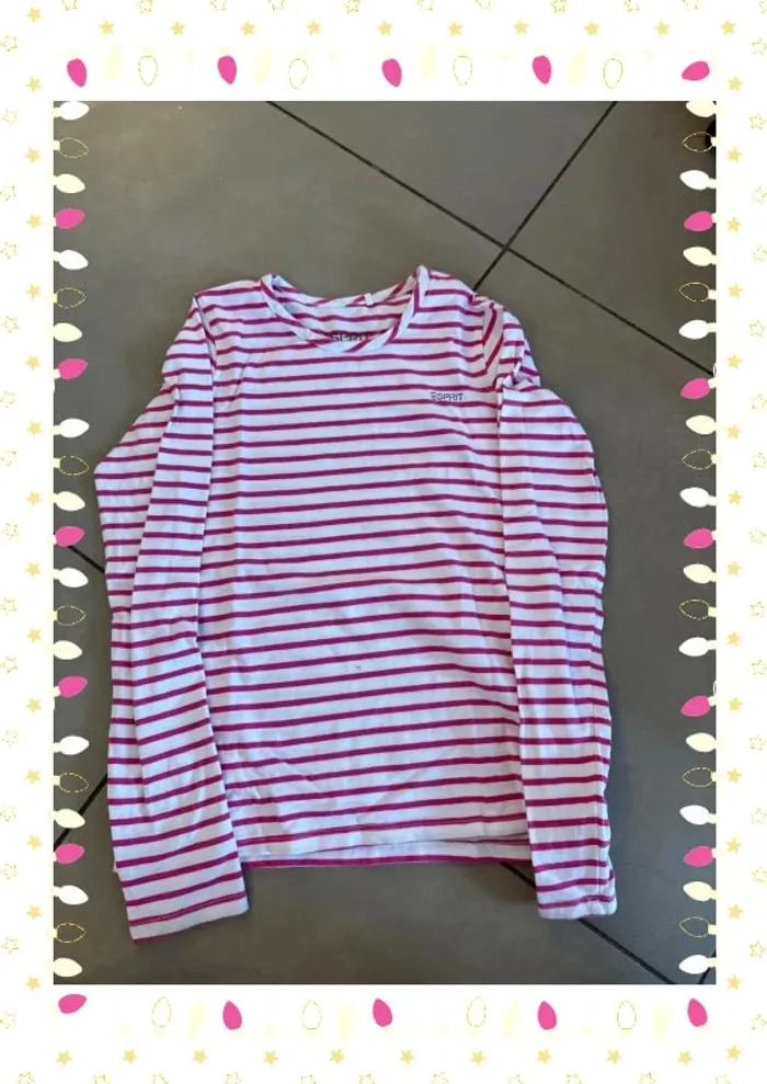 👧 T-shirt fille manches longues 10 ans - Esprit à rayures rose & blanc - photo numéro 2