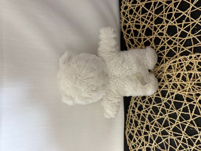 Doudou ours en peluche vintage tartine et chocolat blanc et bleu tissu rayé - photo numéro 4