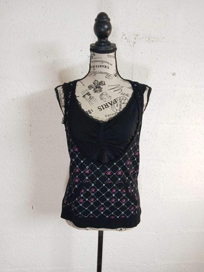 🖤 Débardeur fluide noir à motifs rose et gris – Taille M – Diramode
