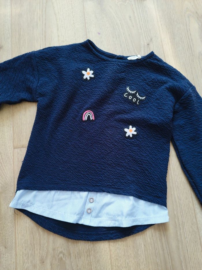 Teeshirt manches longues fille bleu style chemise 4 ans