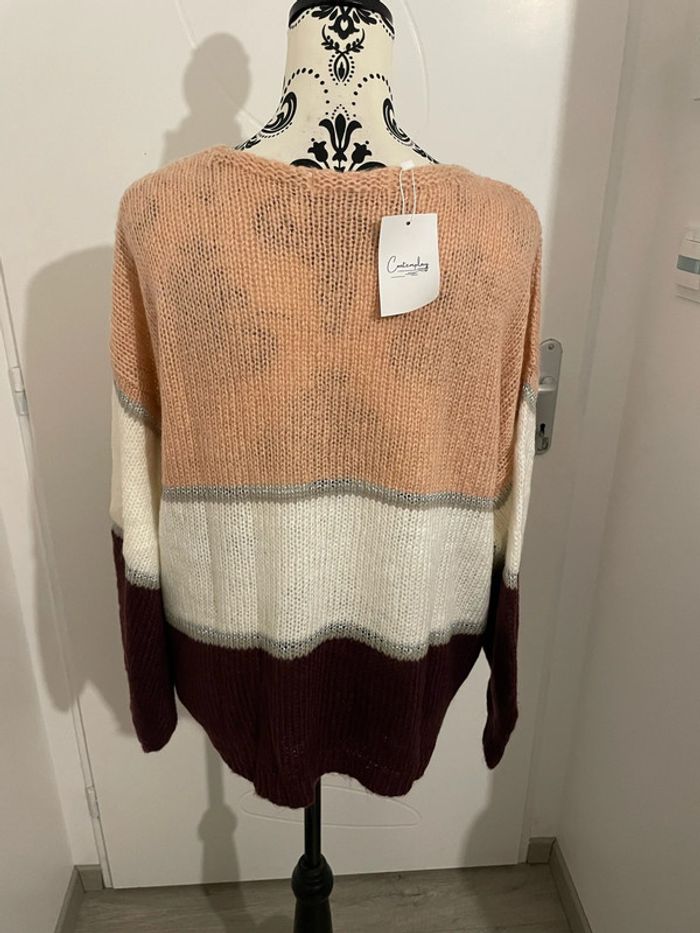Pull manche longue maille rayure blanc bordeaux corail gris en alpaga neuf comtemplay taille 42 - photo numéro 4