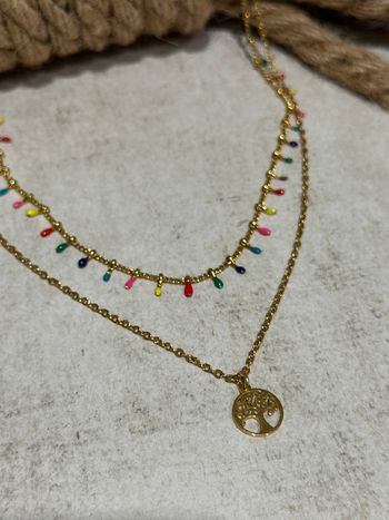 Collier plusieurs rangs en acier or et perles émail