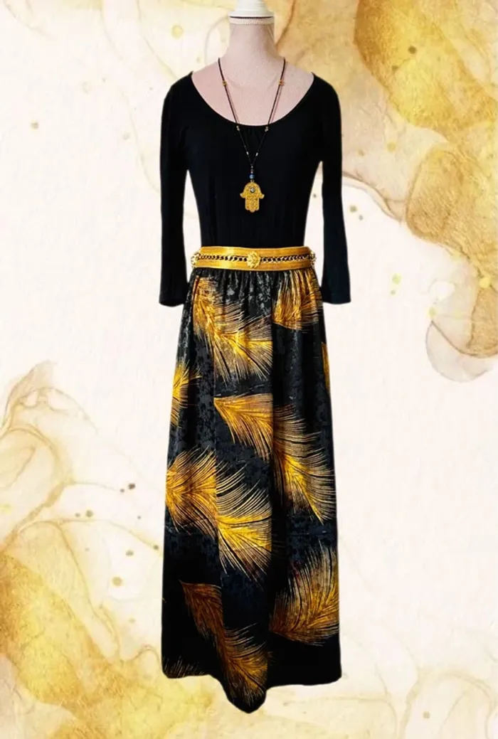 🖤Jupe longue noire doré vintage 80/90 made in France Boho chic flowing long skirt🖤