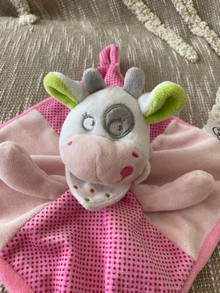 Peluche doudou plat 22cm mots d’enfants vache rose blanc gris et vert à pois parfait état - photo numéro 2