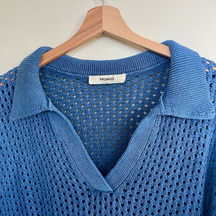 Pull ajouré bleu col polo Promod taille XL coton mélangé maille légère V061 - photo numéro 5