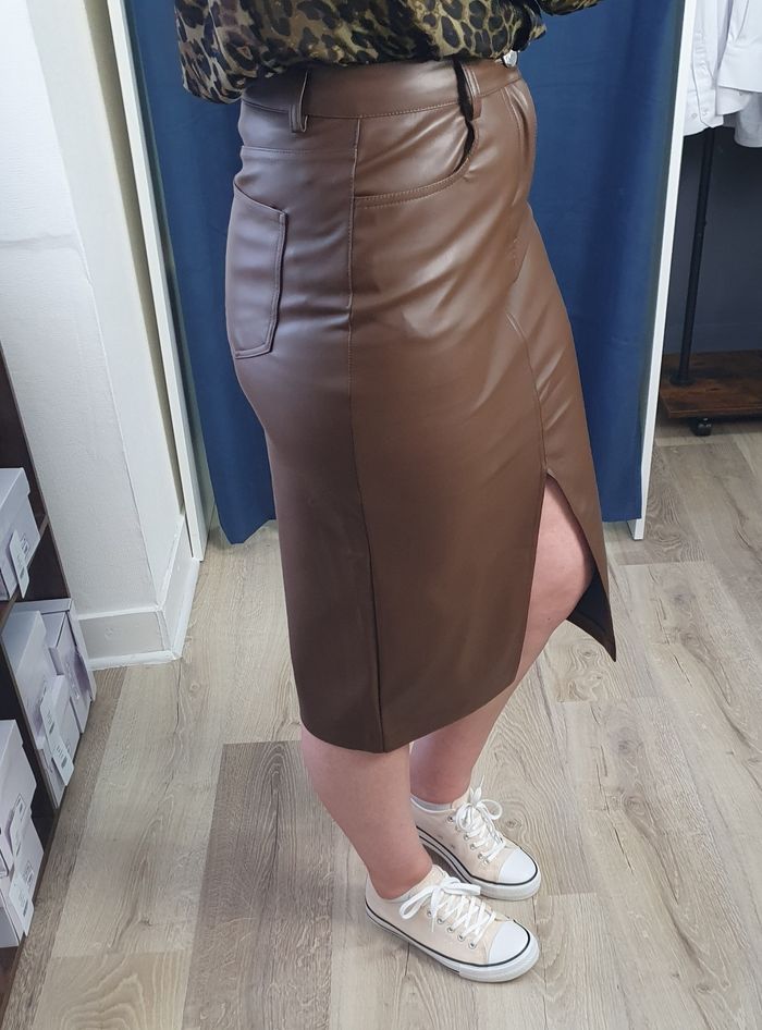Jupe mi-longue simili cuir Madrid marron Taille S - photo numéro 4
