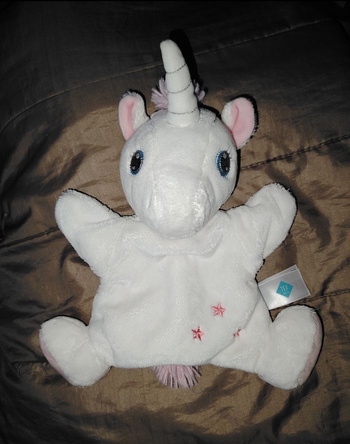 Doudou marionnette licorne tex