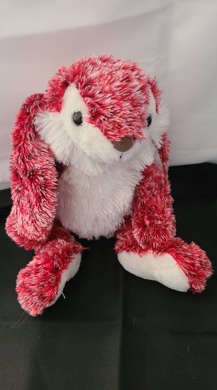 Doudou Peluche CMP Lapin Rouge Blanc Fourrure Nez Marron - photo numéro 3