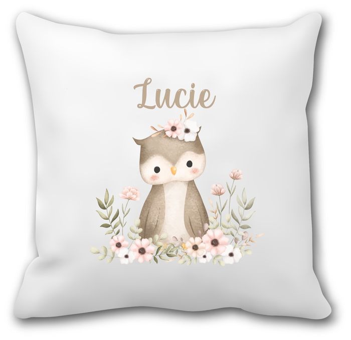 Coussin personnalisé chouette fleurie – Prénom au choix – Déco chambre fille – Rentrée scolaire maternelle – Housse + coussin 40x40 cm