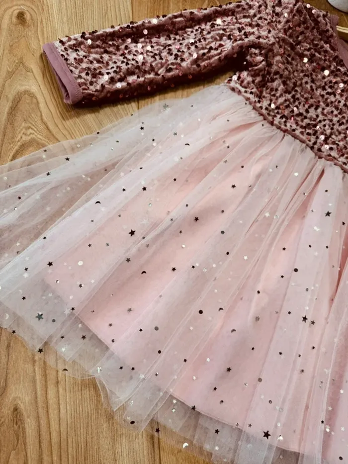 Taille 4 ans Robe à manches longues fille rose * velours tulle sequins * 💞 - photo numéro 4