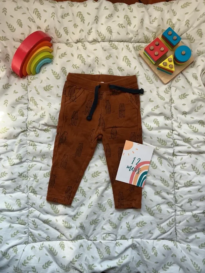 pantalon marron motifs ours 12 mois bout'chou lien de serrage