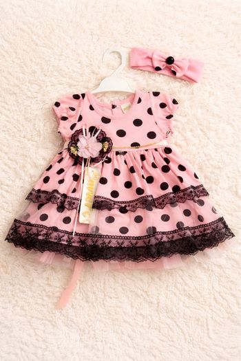 Robe rose à pois pour filles + bandeau assorti 