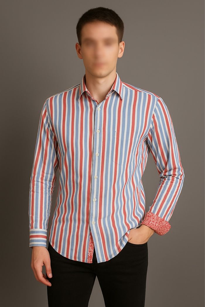 🩳 Chemise homme OLYMP Casual – rayures bleu, blanc et rouge – taille S