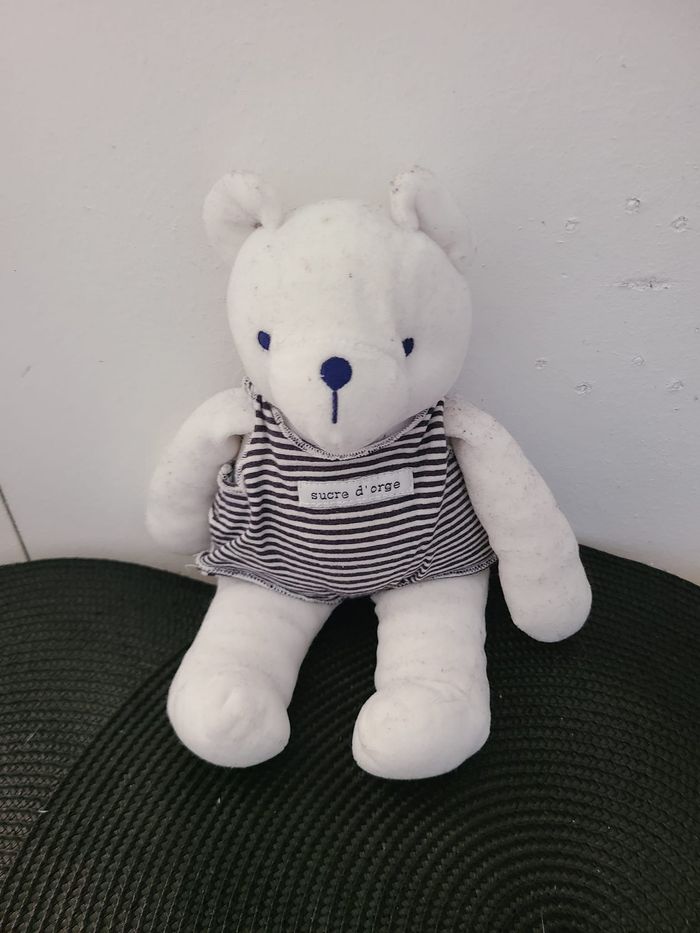 Doudou Ours blanc salopette rayé bleu Marine Sucre d'orge