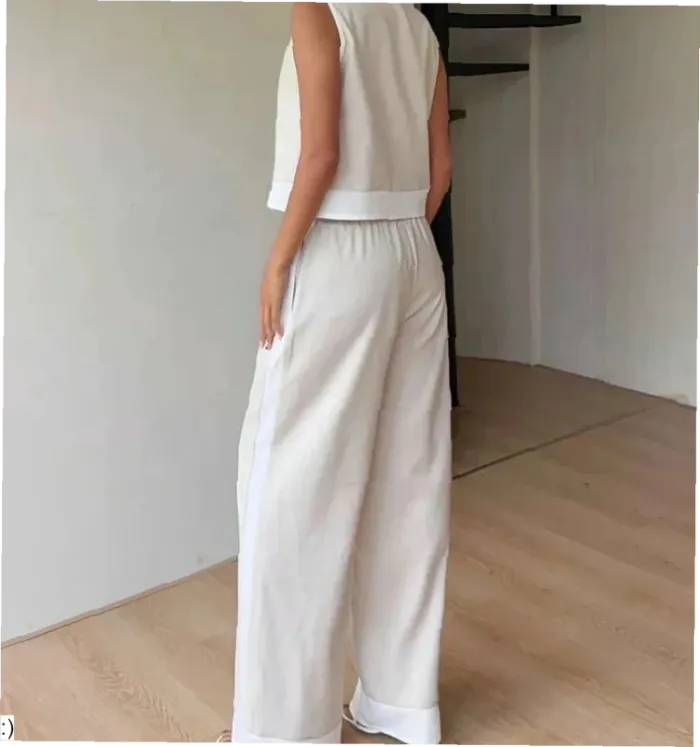Ensemble Femme Deux Pièces Beige Haut Nouettes Pantalon Fluide - Taille S Neuf Jamais Porté - photo numéro 2