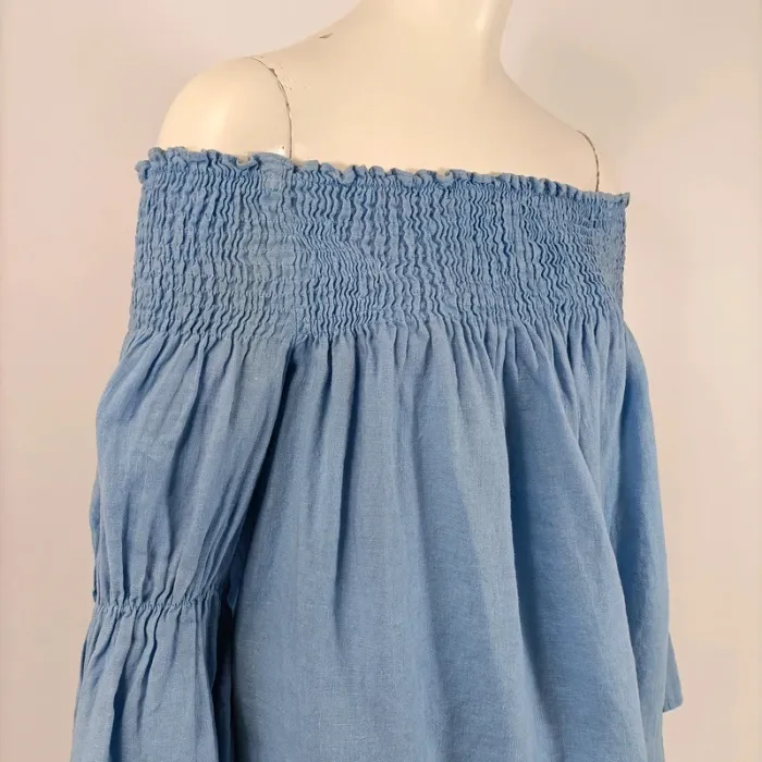 Top épaules dénudées bleu clair Zara taille XS style bohème manches larges smocké A188 - photo numéro 7