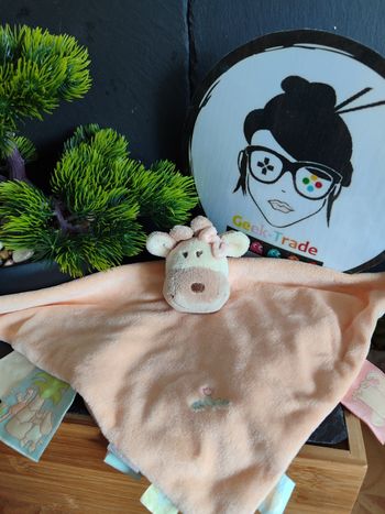 doudou plat girafe vache noukie's orange beige marron noeud rose  ancien fleur palmier