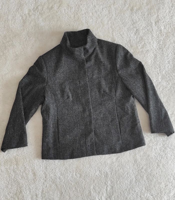 Veste cardigan caban court Caroll 40 gris noir blanc en laine col montant gros bouton, classe - photo numéro 6
