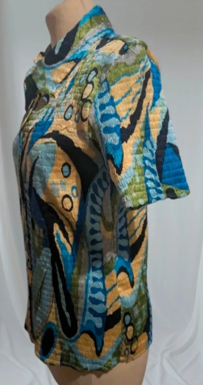 💙chemisier pop vintage multicolore gaufré extensible femme vintage t 3 L 40 prunelle rare 70s 80s - photo numéro 4