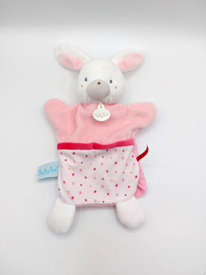 Doudou lapin marionnette rose blanc BABY NAT BN0592 happy together comme neuf - photo numéro 2