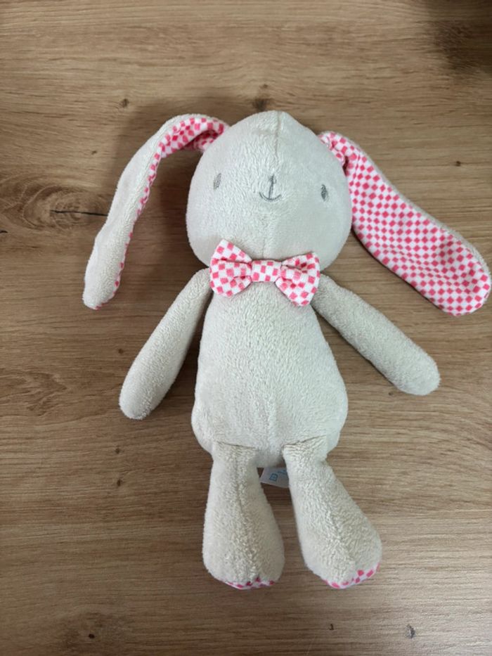 Doudou peluche lapin beige noeud rose carreau klorane - photo numéro 2