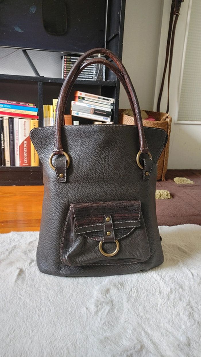 Sac à main en cuir grainé épais excellente qualité marron - photo numéro 3
