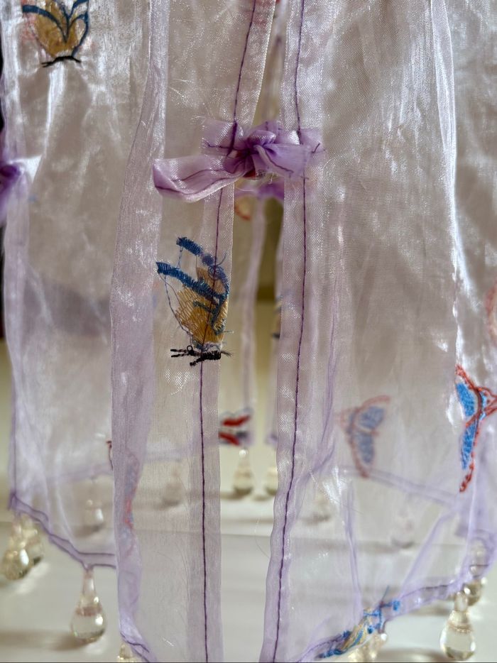 Abat-jour plafonnier lila voilage léger avec perles décoratives - photo numéro 3