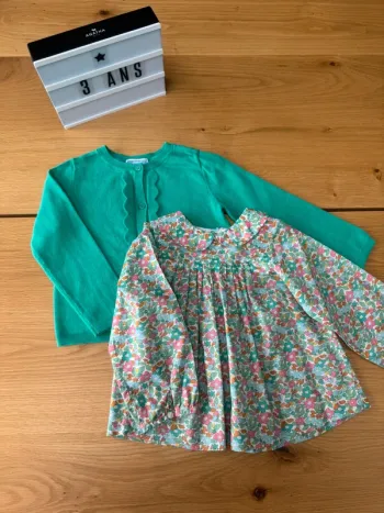 Blouse tissu liberty Betsy vert menthe et gilet vert assorti - Taille 36 Mois/3 Ans