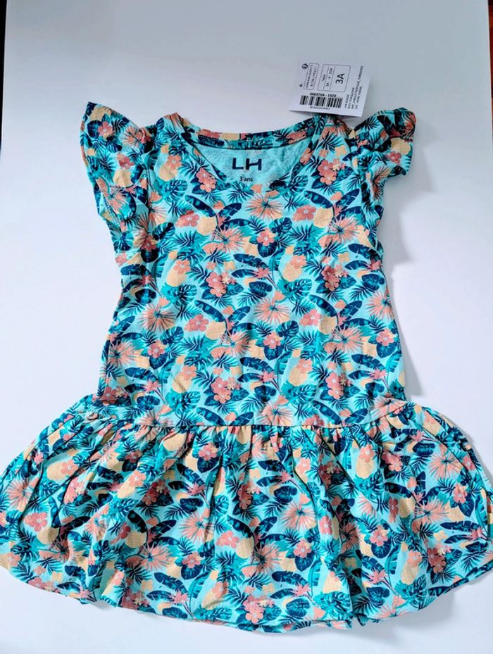Robe bleu imprimé fleurs et feuilles La Halle 3 ans neuf
