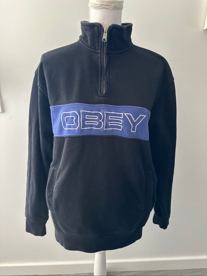 Sweatshirt demi zip noir et bleu Obey TS - photo numéro 3