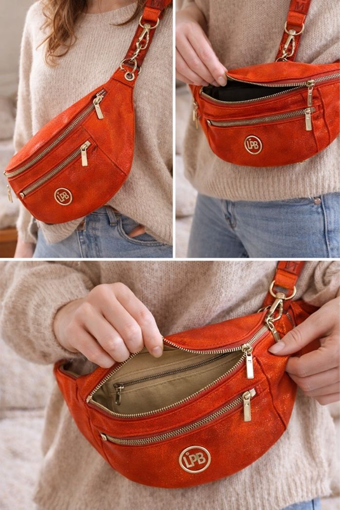 Sac banane femme chic – effet suédé pailleté – coloris rouille / cuivré –