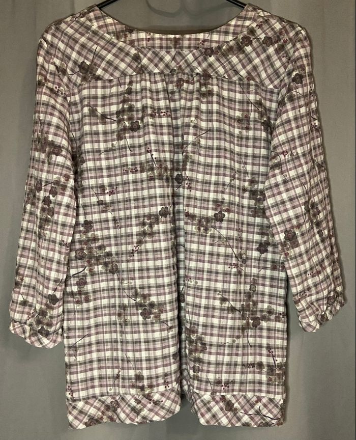 Haut à carreaux violet et gris manches 3/4 - photo numéro 2