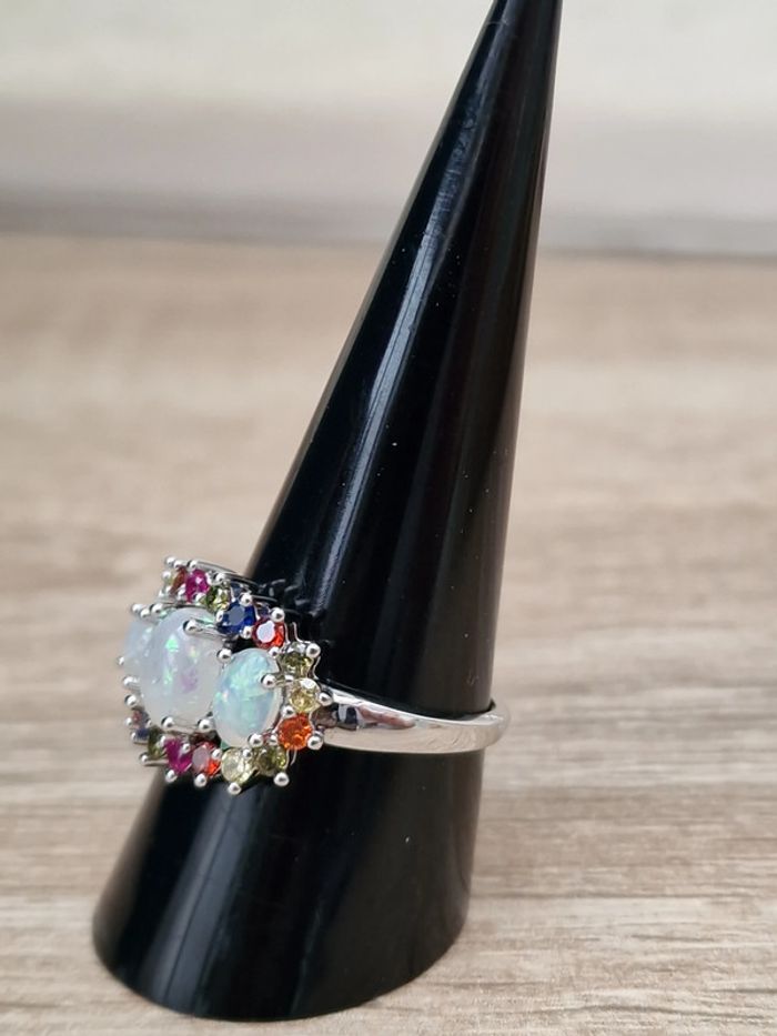 Bague Argentée Rhodium Plaqué Imitation Opale Zirconiums Multicolore - photo numéro 14